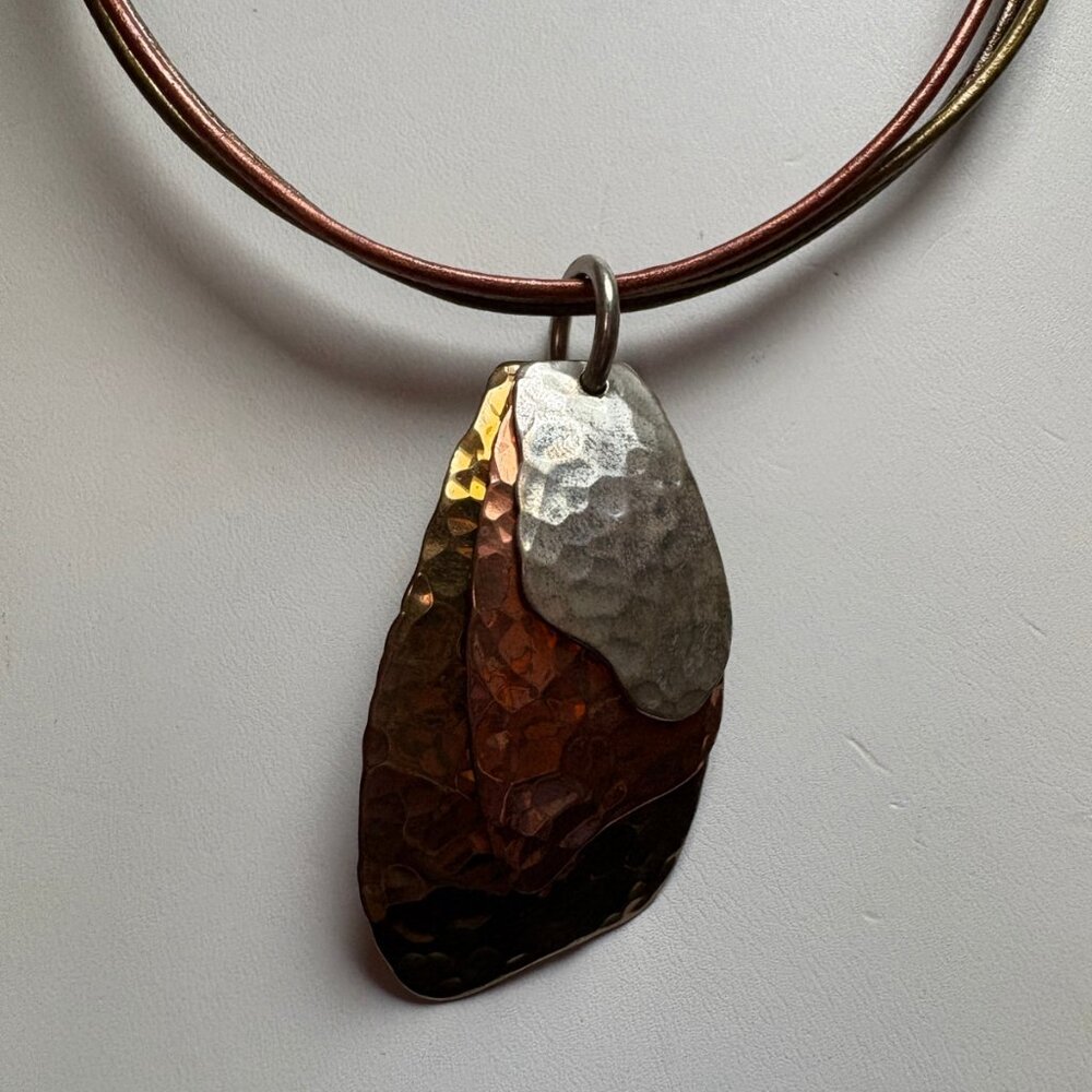 Elaine Coyne Trimetal Necklace–Hand-Forged Copper, Sterling & Brass-Adjustable